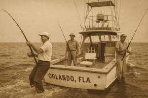 Vintage 1960s photo showing Orlando Florida fishing history with anglers on a deep-sea charter boat.