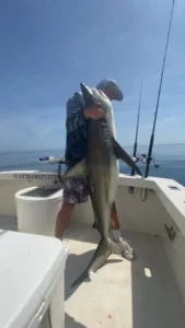 Angler holding a shark during a daytime shark fishing trip in Cocoa Beach, Florida.