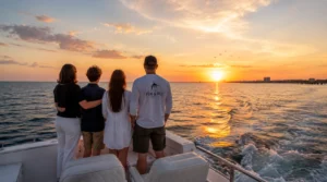 Family honoring a loved one during a private Cocoa Beach sea burial memorial charter aboard a Fin & Fly Charters boat at sunset.